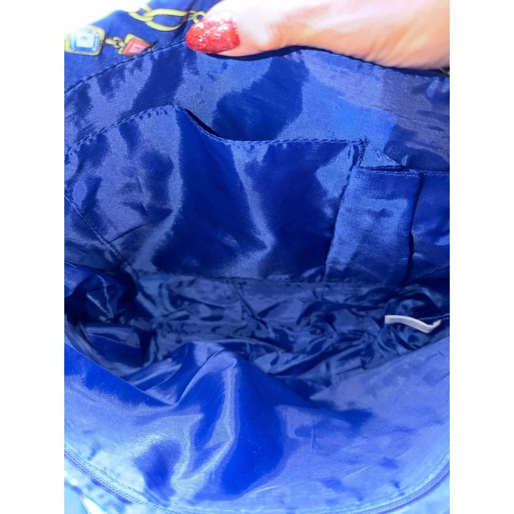 Blue Gemstone and Gold Chain Print Drawstring Pouch Bag with Zipper Pocket